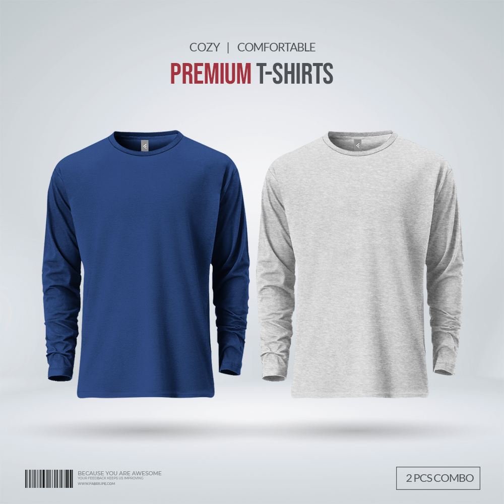 Mens Premium Blank Full Sleeve T Shirt Combo | Deep Blue, Gray Melange
